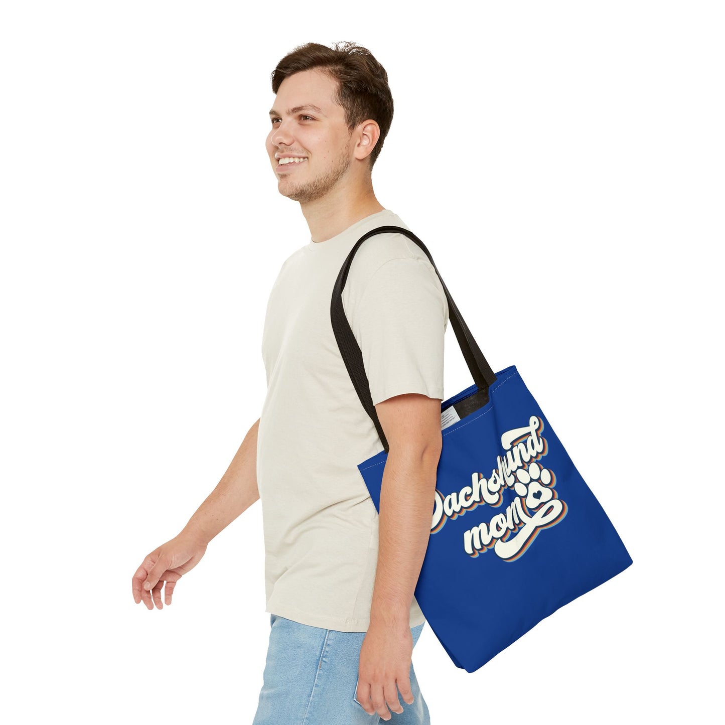 Navy Blue Dachshund Puppy Tote Bag Bright and Cheerful Weiner Doxie