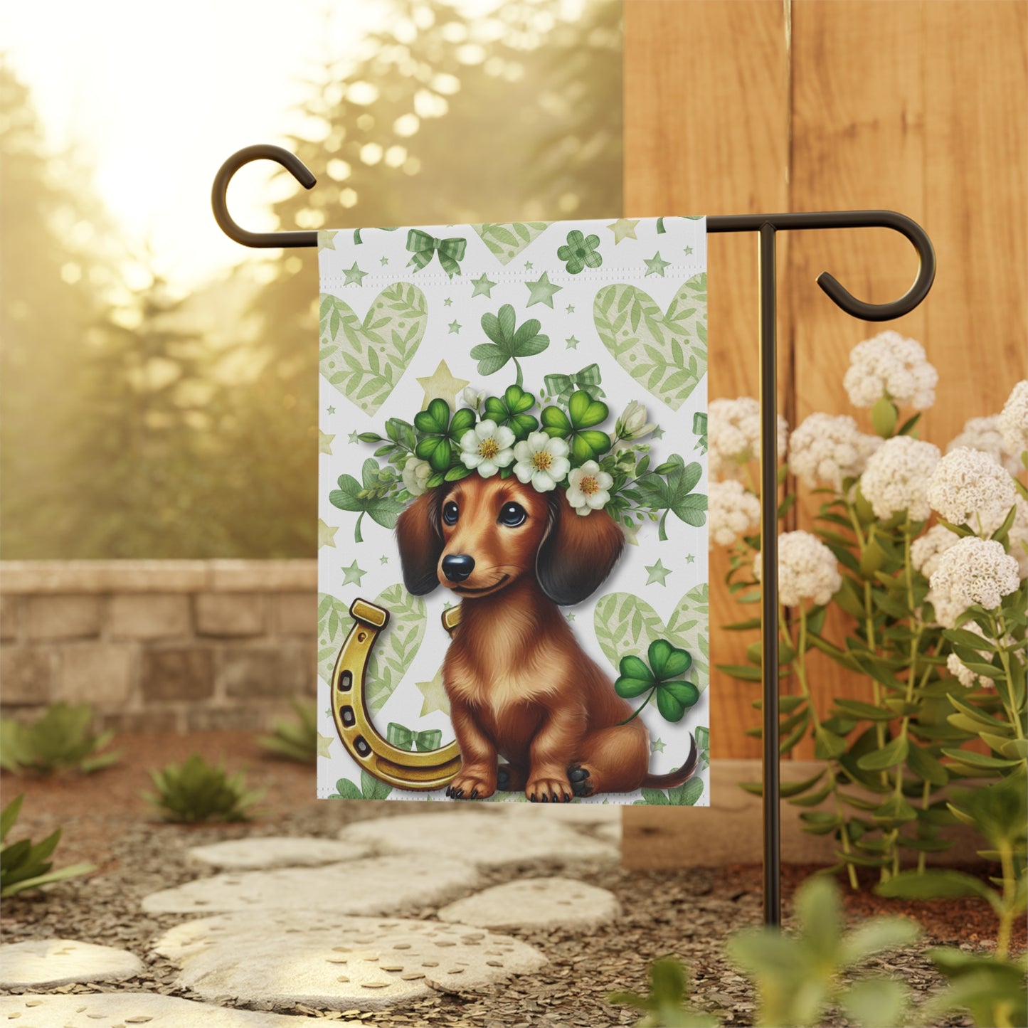 St Patricks Spring Garden Flag Dog Mom Banner Home Decor Dachshund Patty Day