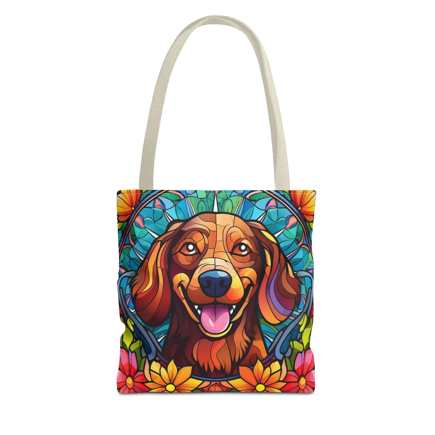 Stained Glass Red Dachshund Puppy Tote Bag Bright and Cheerful Weiner