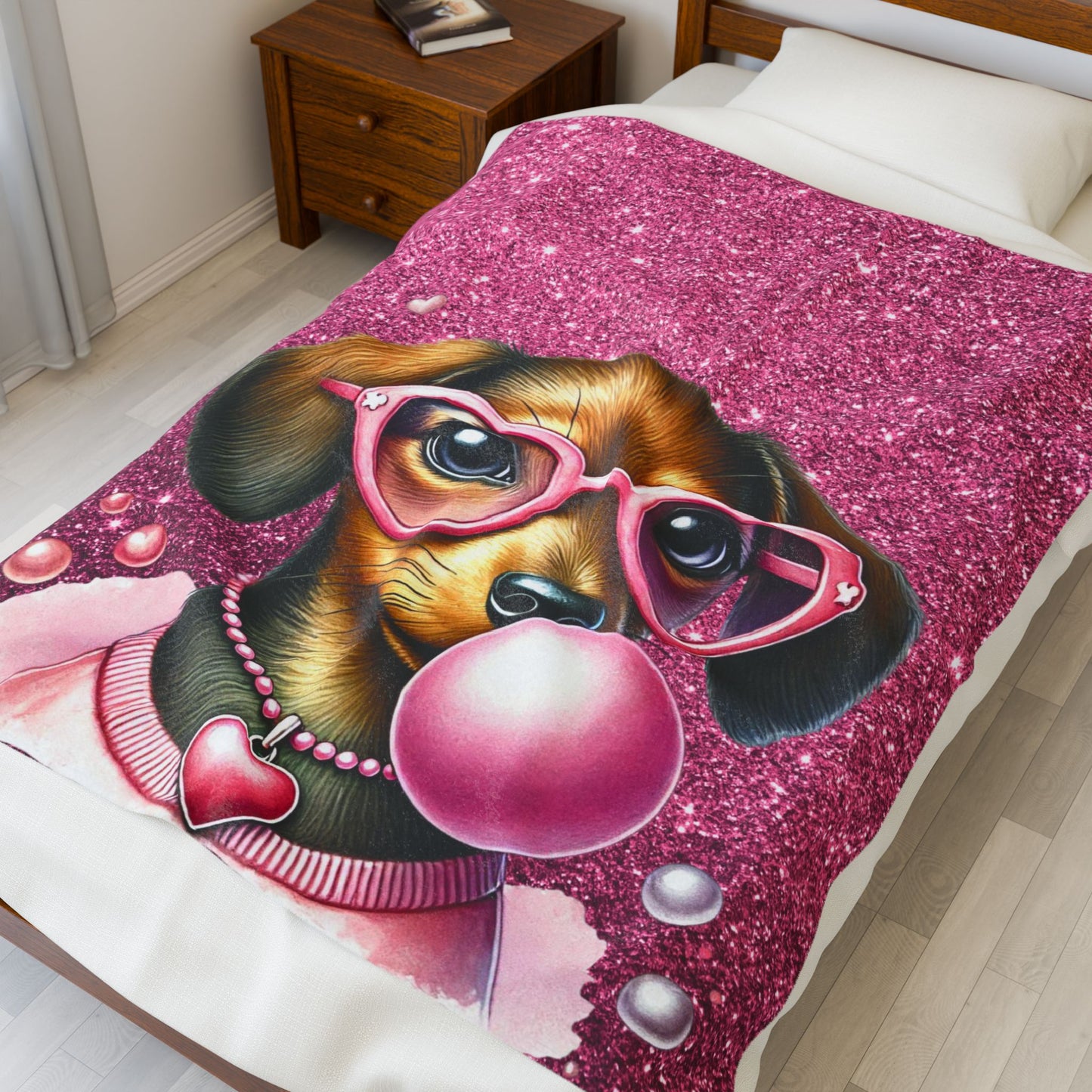 Velveteen Plush Blanket, Pink Glittery Dachshund Puppy Blanket, Teen Kids Room