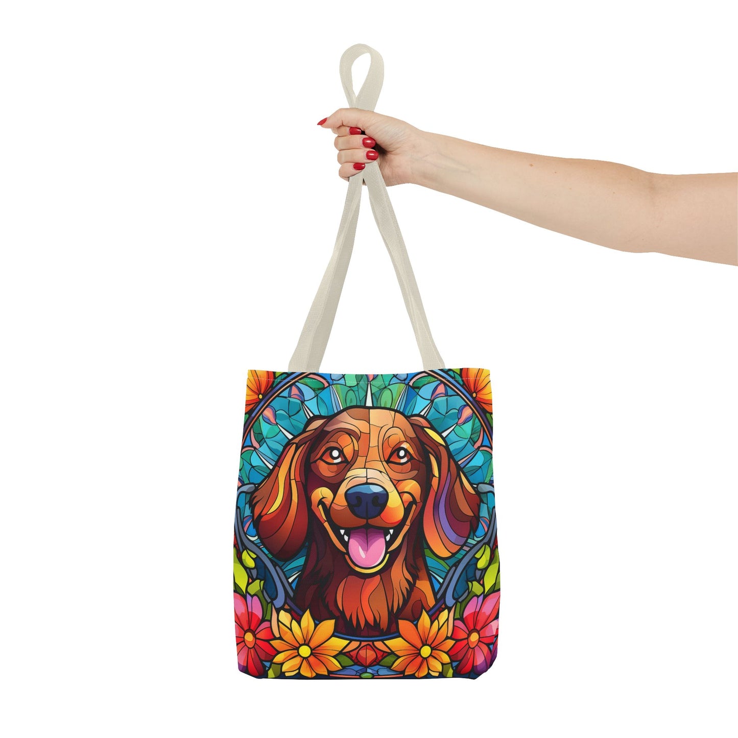 Stained Glass Red Dachshund Puppy Tote Bag Bright and Cheerful Weiner