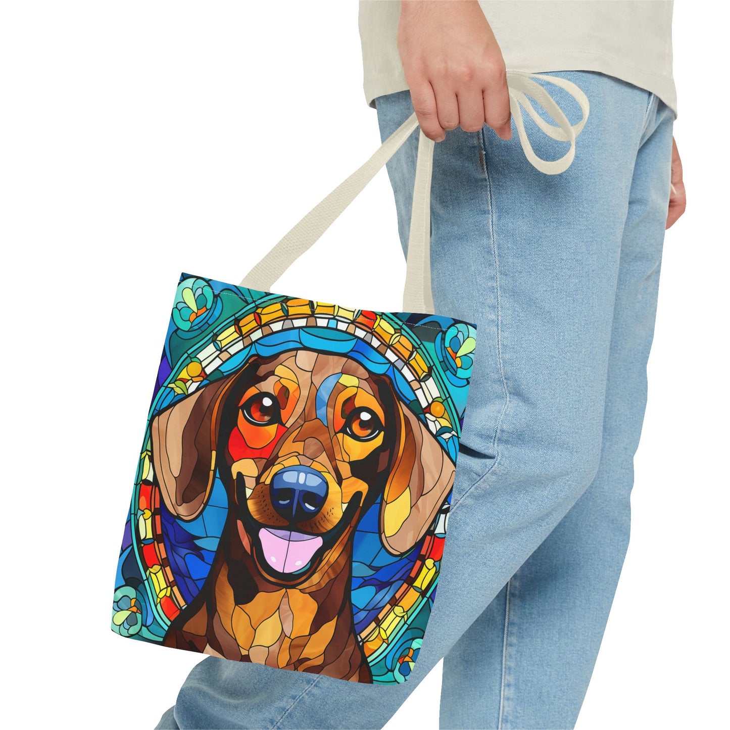 Stained Glass Red Dachshund Puppy Tote Bag Bright and Cheerful Weiner