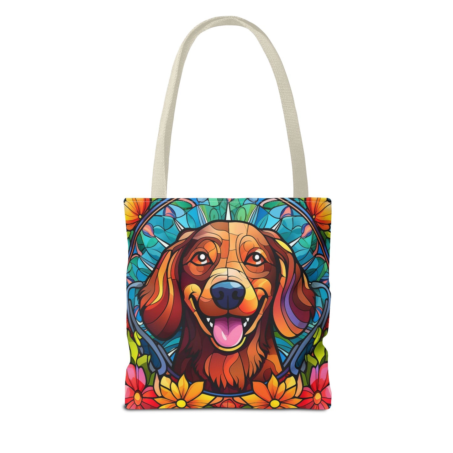 Stained Glass Red Dachshund Puppy Tote Bag Bright and Cheerful Weiner