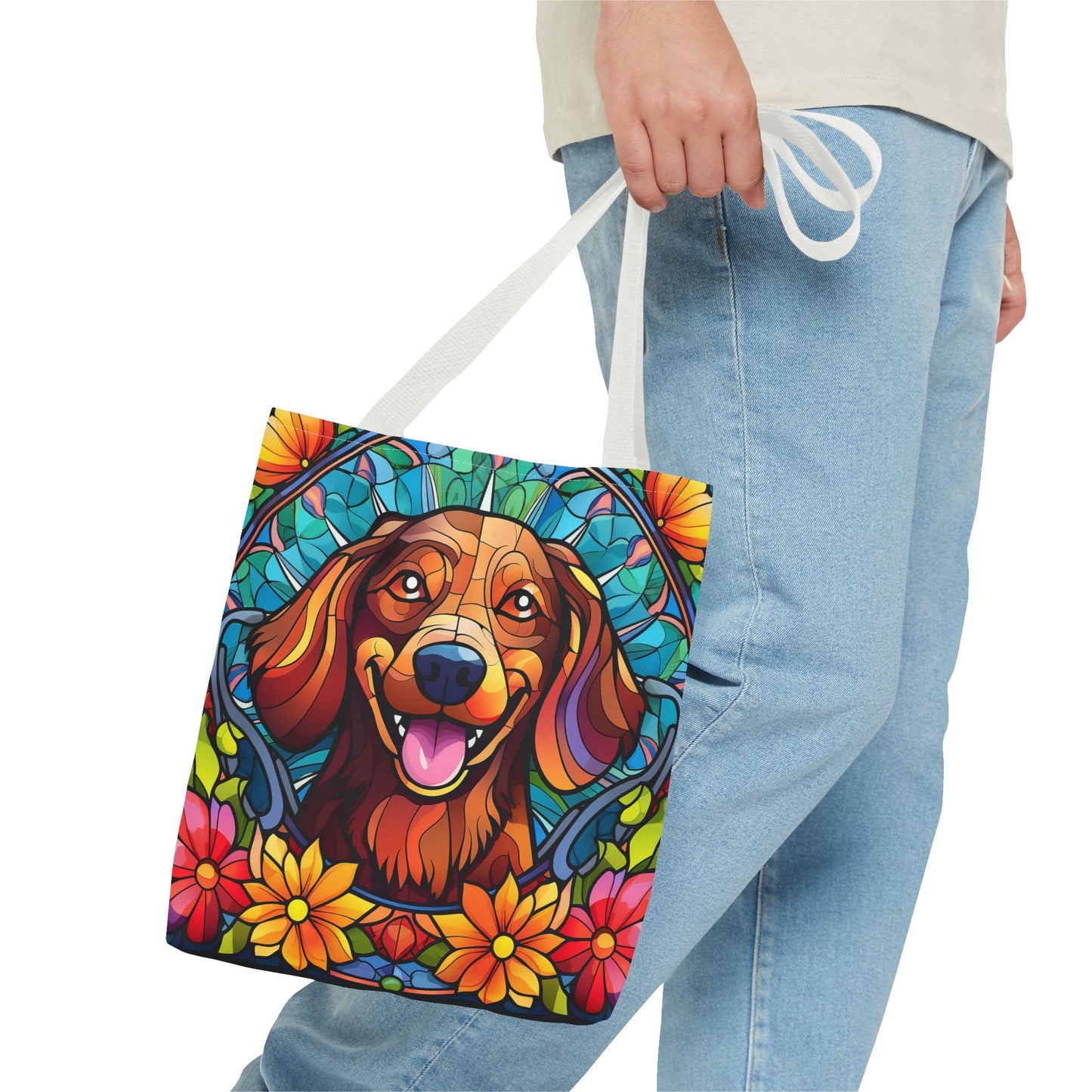Stained Glass Red Dachshund Puppy Tote Bag Bright and Cheerful Weiner