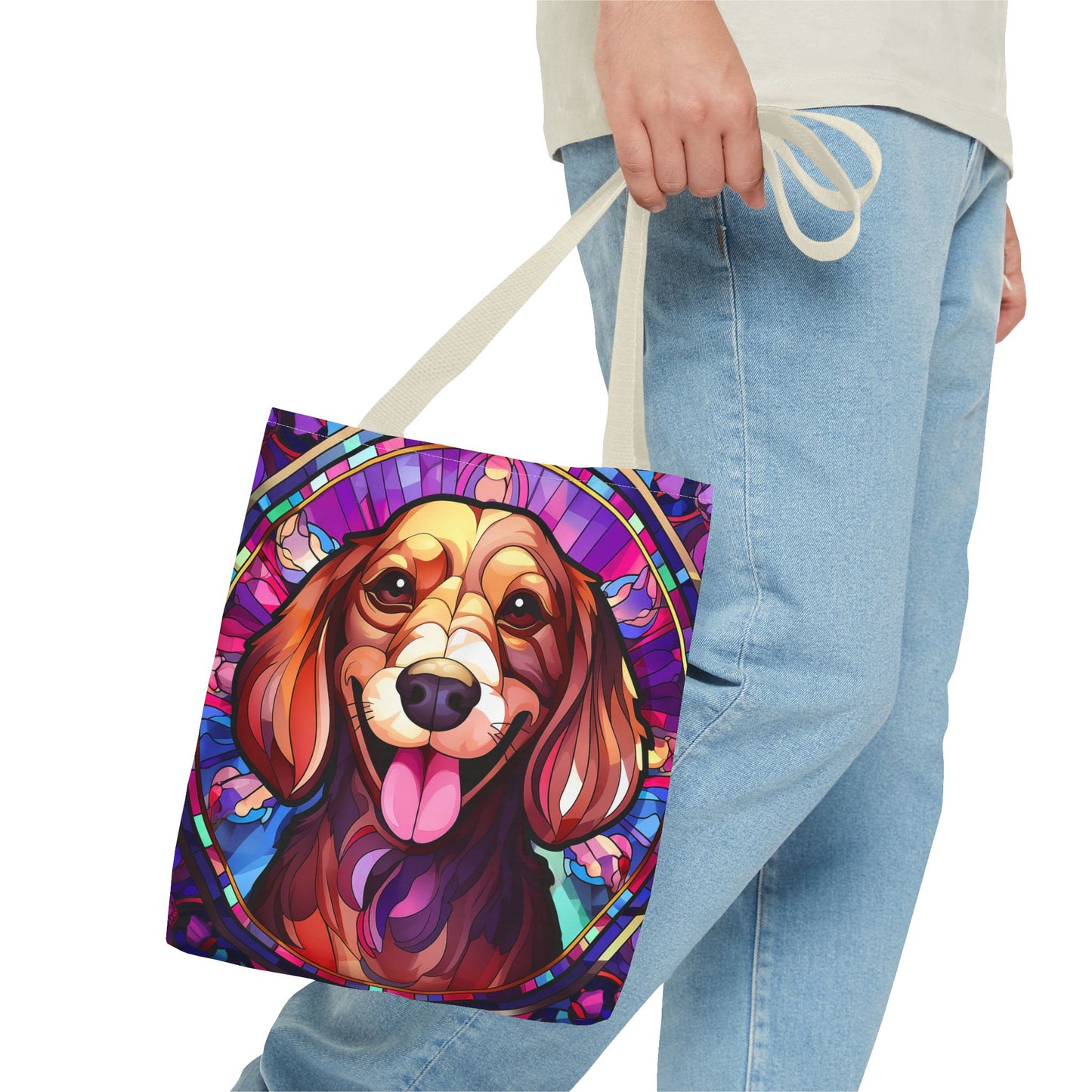 Stained Glass Red Dachshund Puppy Tote Bag Bright and Cheerful Weiner