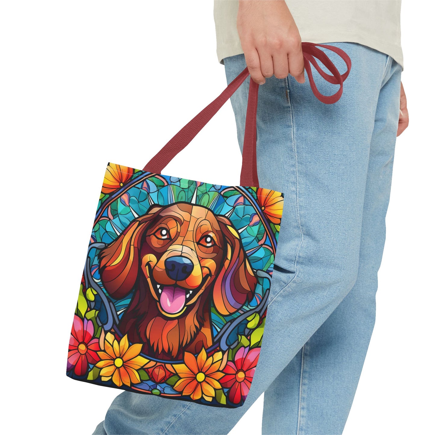 Stained Glass Red Dachshund Puppy Tote Bag Bright and Cheerful Weiner