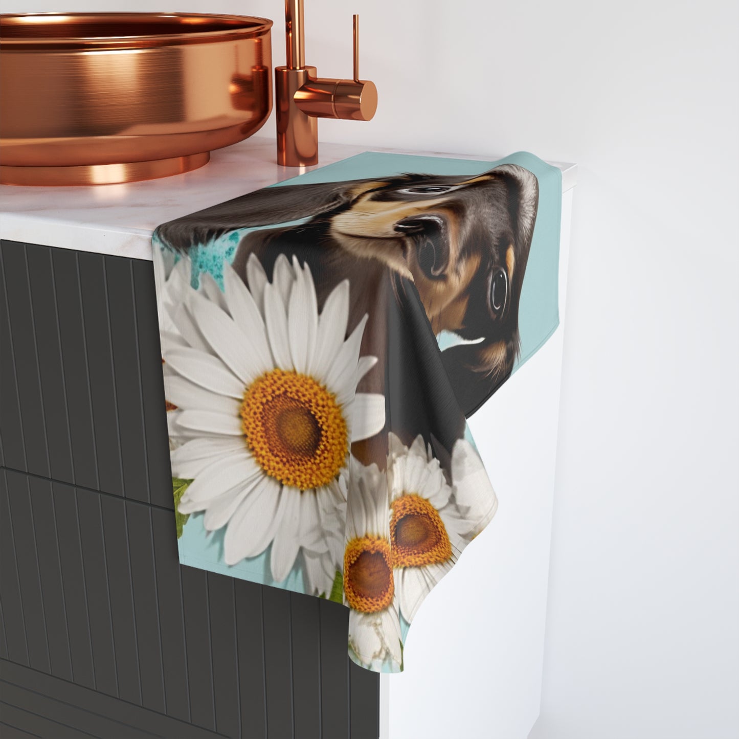 Dachshund Puppy Hand Towel, Cute Pet Bathroom Decor, Weiner Dog Tea Towel, Animal Lover Gift Floral