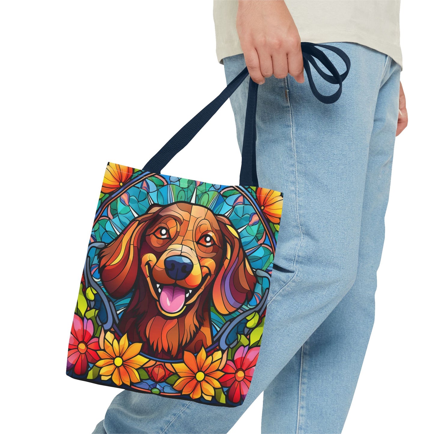 Stained Glass Red Dachshund Puppy Tote Bag Bright and Cheerful Weiner