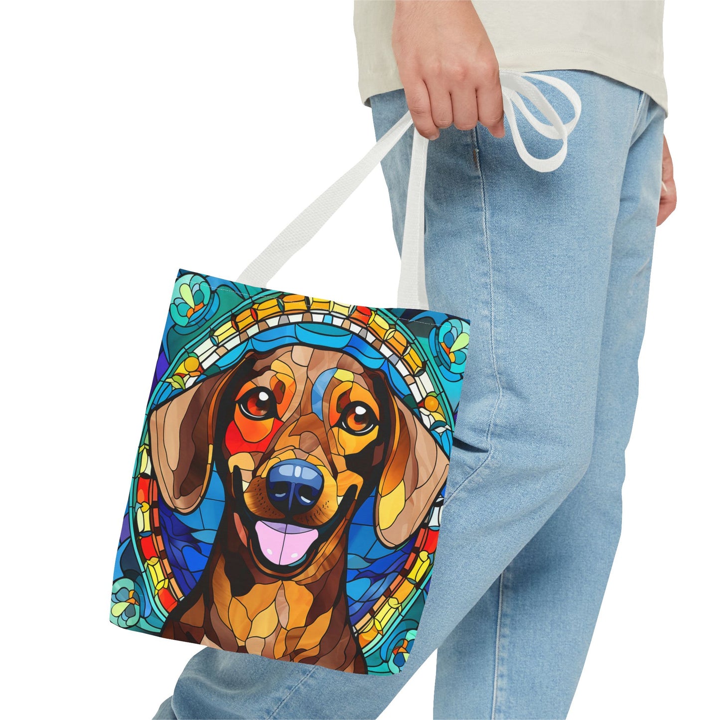 Stained Glass Red Dachshund Puppy Tote Bag Bright and Cheerful Weiner