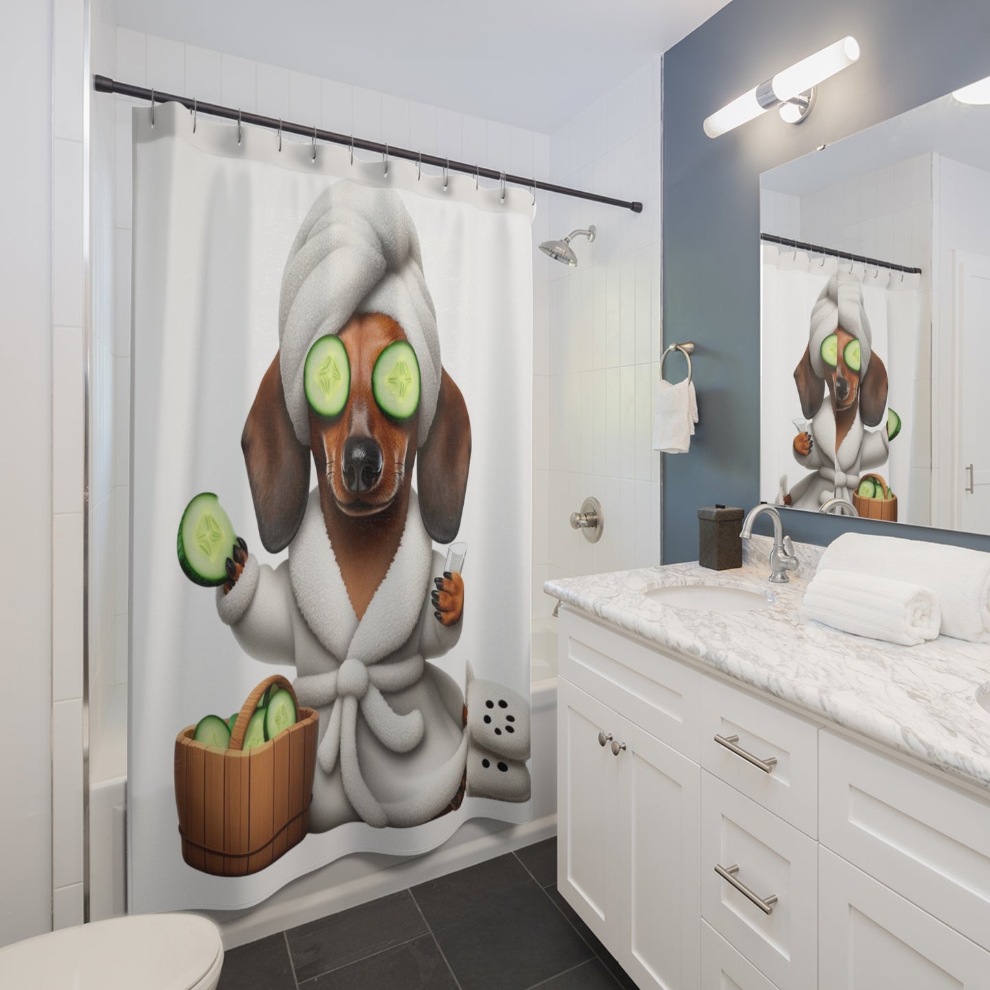 Funny and Cozy Pup Vibes: Just Chillin' in My Bathrobe Shower Curtains Dachshund Weiner God