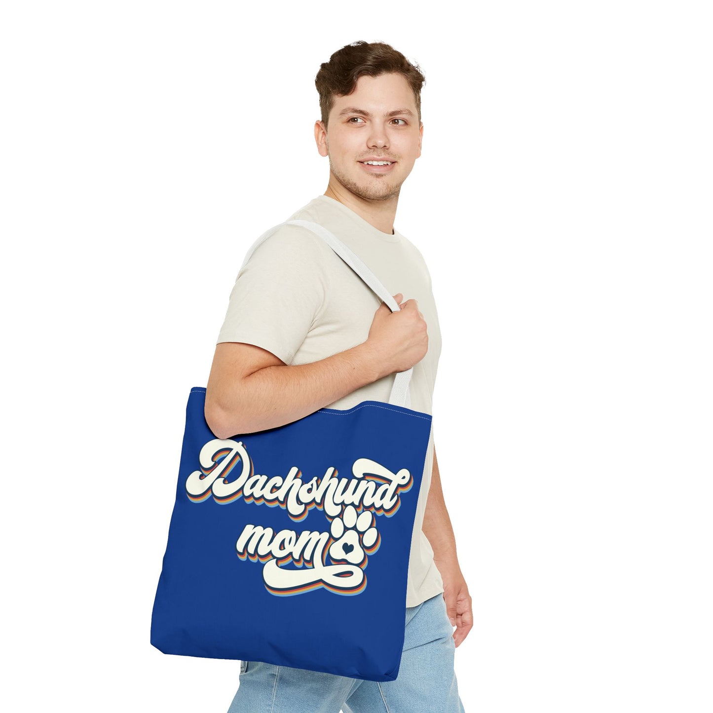 Navy Blue Dachshund Puppy Tote Bag Bright and Cheerful Weiner Doxie