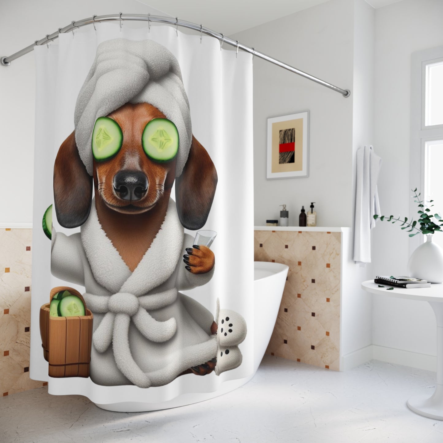 Funny and Cozy Pup Vibes: Just Chillin' in My Bathrobe Shower Curtains Dachshund Weiner God