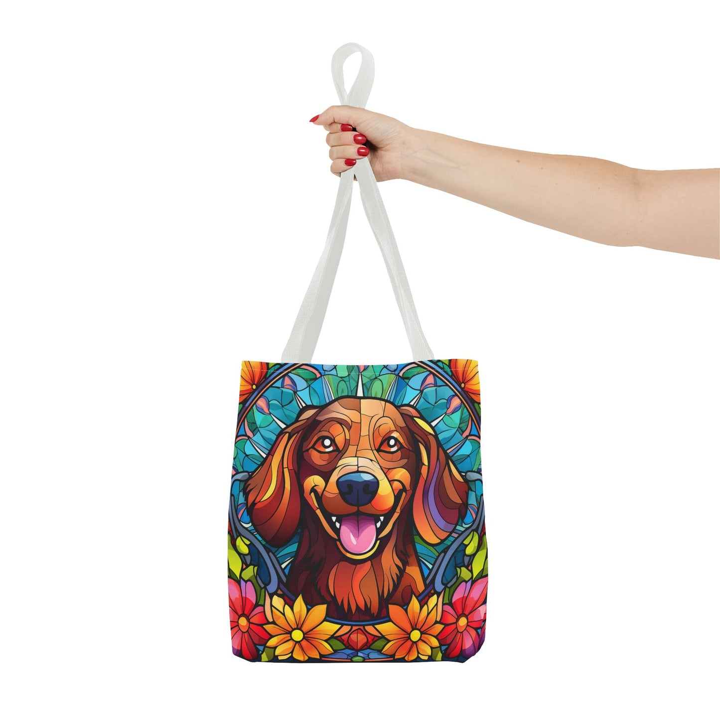 Stained Glass Red Dachshund Puppy Tote Bag Bright and Cheerful Weiner