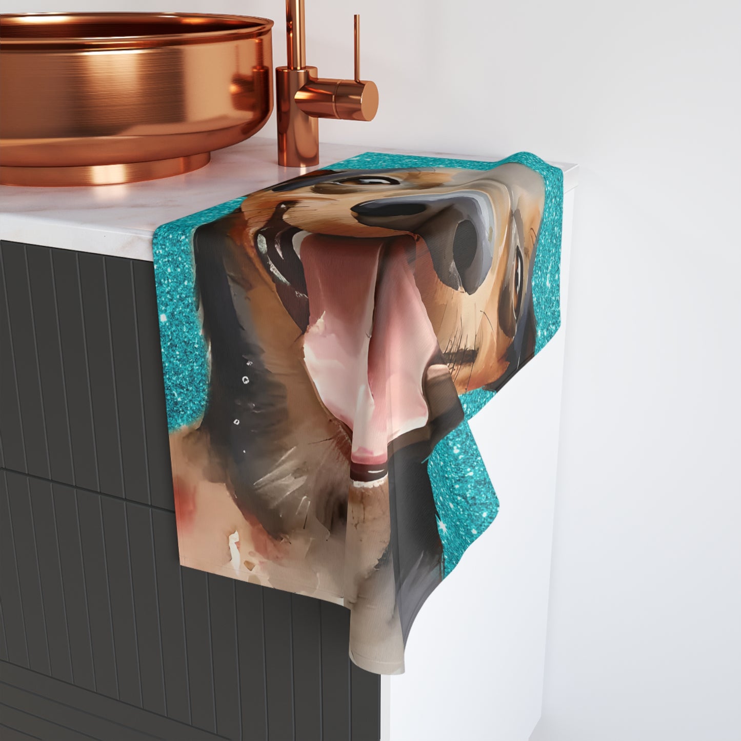 Blue Dachshund Hand Towel, Cute Pet Bathroom Decor, Weiner Dog Tea Towel, Animal Lover Gift