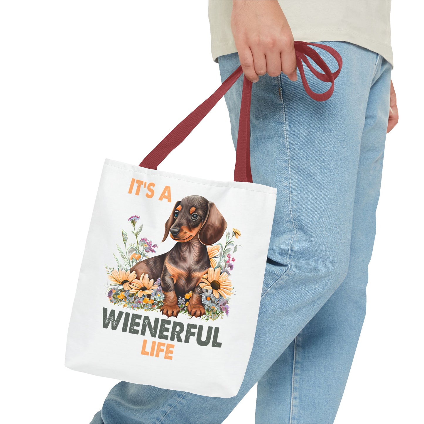 It's a Weinerful Life Red Dachshund Puppy Tote Bag Bright and Cheerful Weiner Sunflowers