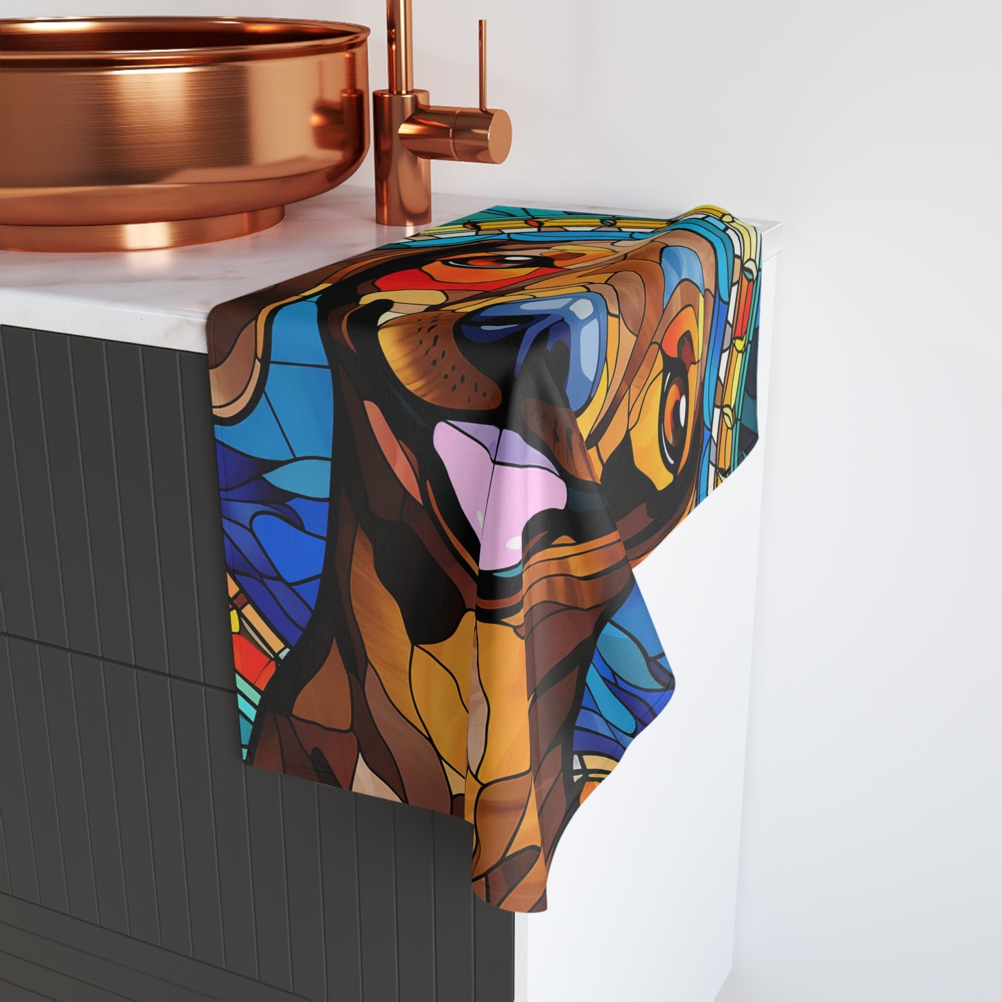 Stained Glass Dachshund Hand Towel, Cute Pet Bathroom Decor, Weiner Dog Tea Towel, Animal Lover Gift