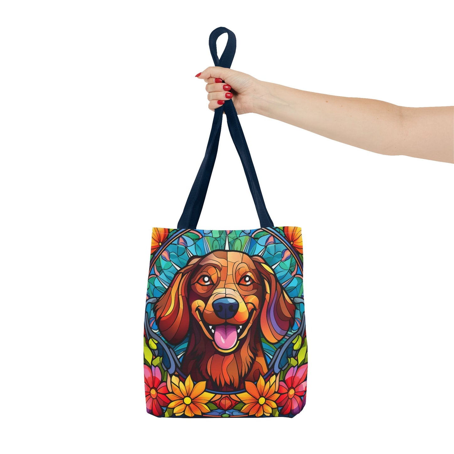 Stained Glass Red Dachshund Puppy Tote Bag Bright and Cheerful Weiner