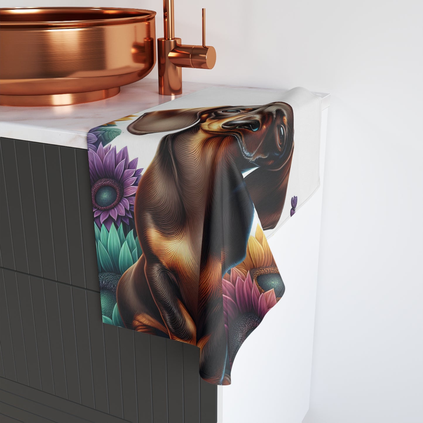 Dachshund Patterned Hand Towel, Cute Pet Bathroom Decor, Weiner Dog Tea Towel, Animal Lover Gift Floral