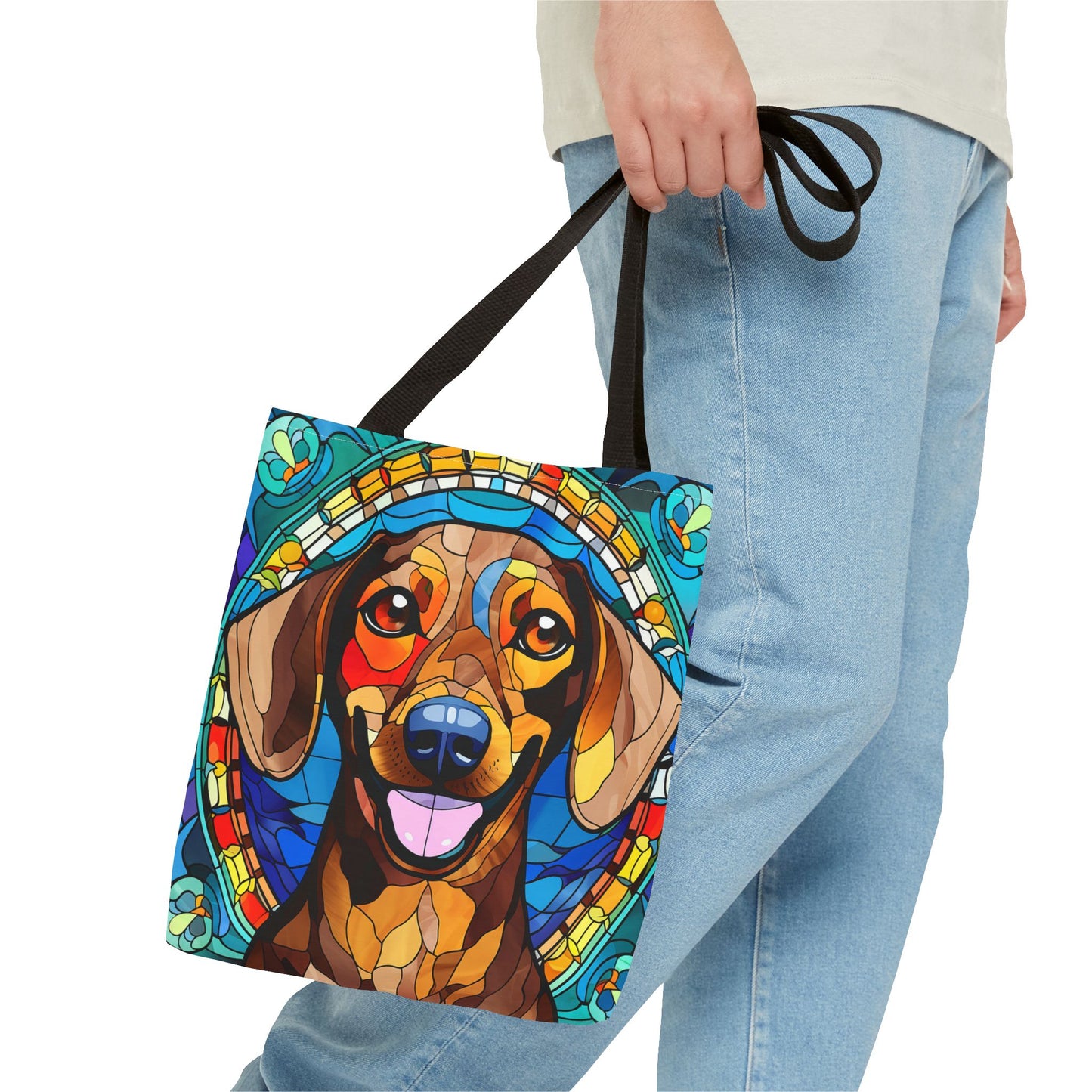 Stained Glass Red Dachshund Puppy Tote Bag Bright and Cheerful Weiner