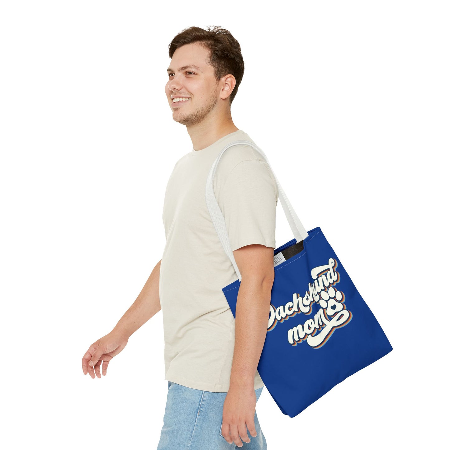Navy Blue Dachshund Puppy Tote Bag Bright and Cheerful Weiner Doxie