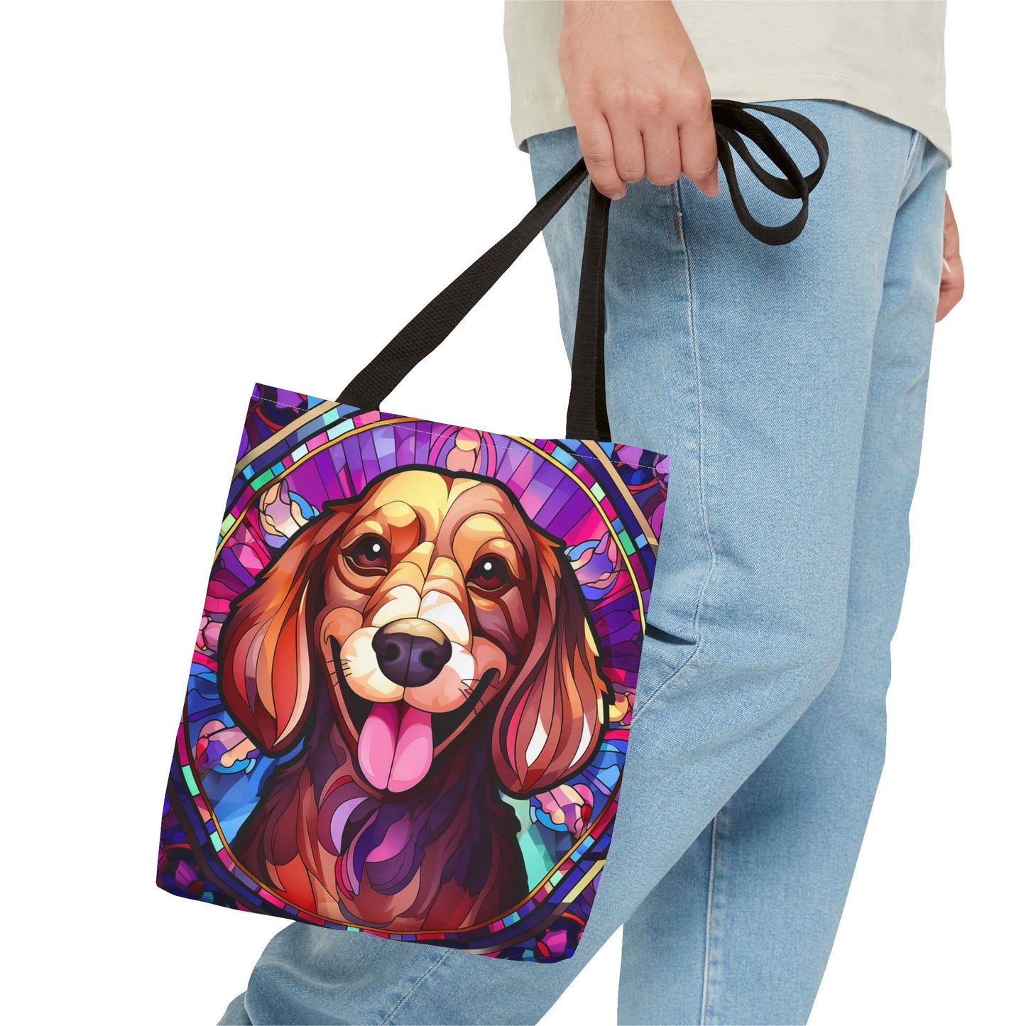 Stained Glass Red Dachshund Puppy Tote Bag Bright and Cheerful Weiner