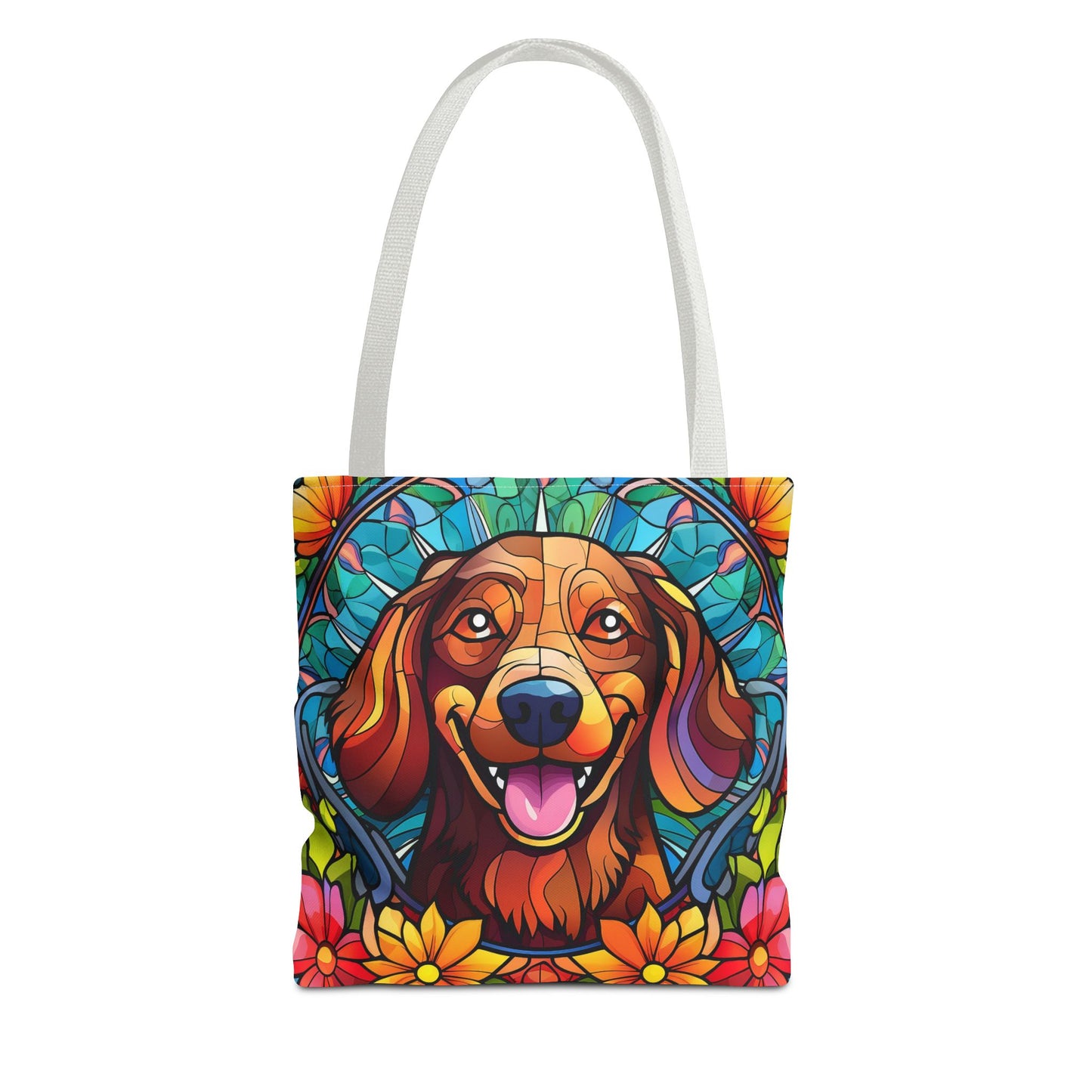 Stained Glass Red Dachshund Puppy Tote Bag Bright and Cheerful Weiner