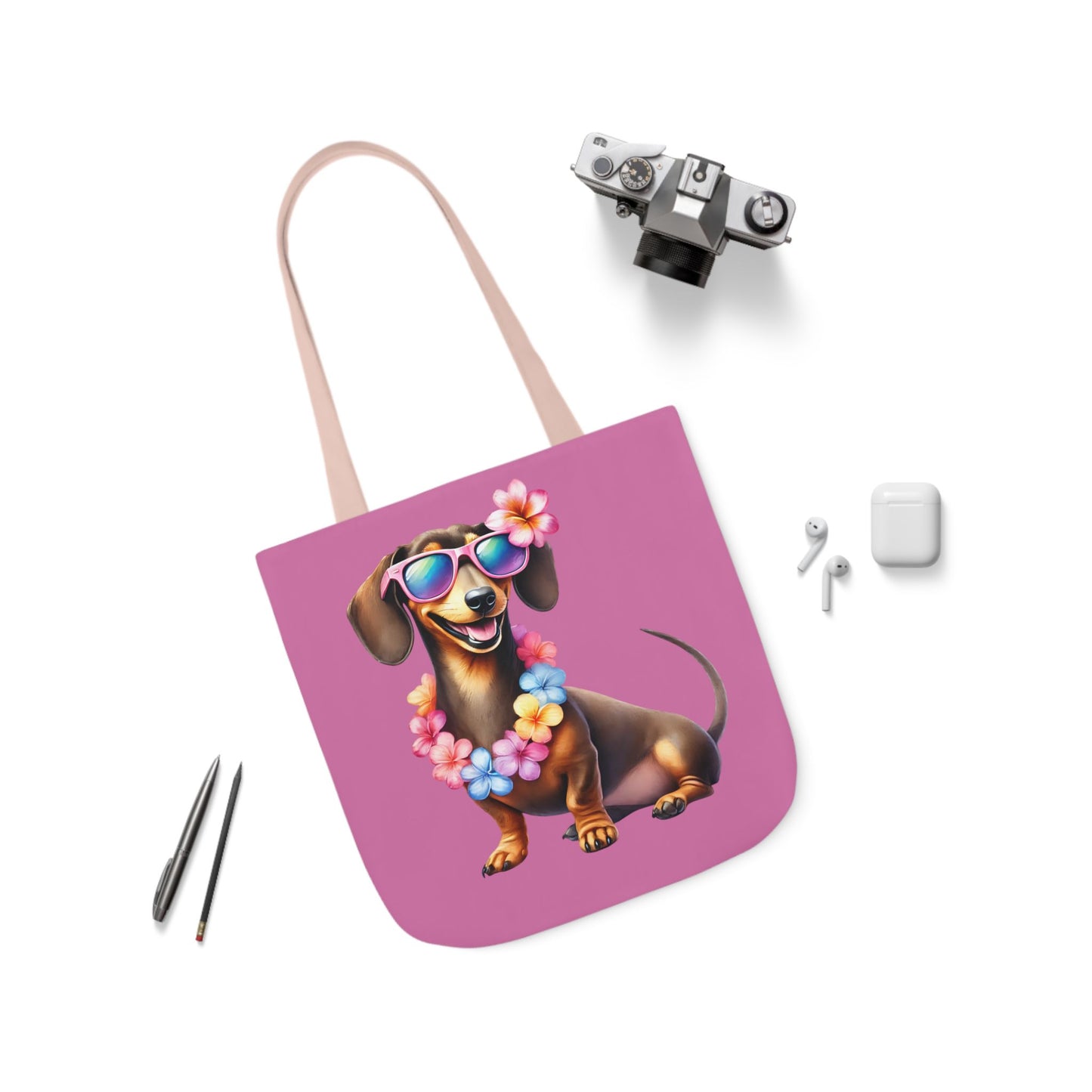 Dog Lover's Canvas Tote Bag - Fun Dachshund Design, Beach, Travel Pet Hawaii Lei