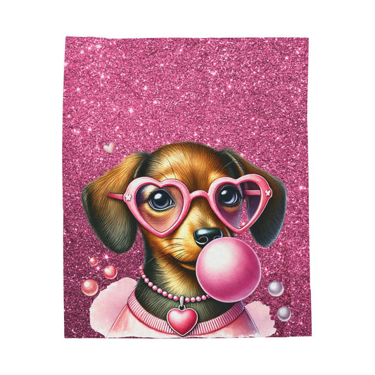 Velveteen Plush Blanket, Pink Glittery Dachshund Puppy Blanket, Teen Kids Room