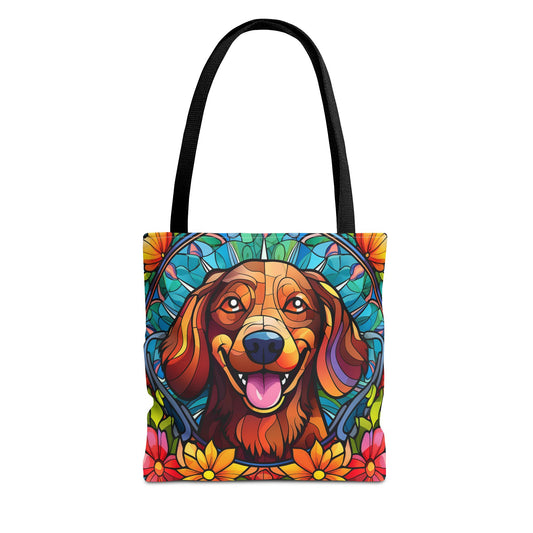 Stained Glass Red Dachshund Puppy Tote Bag Bright and Cheerful Weiner