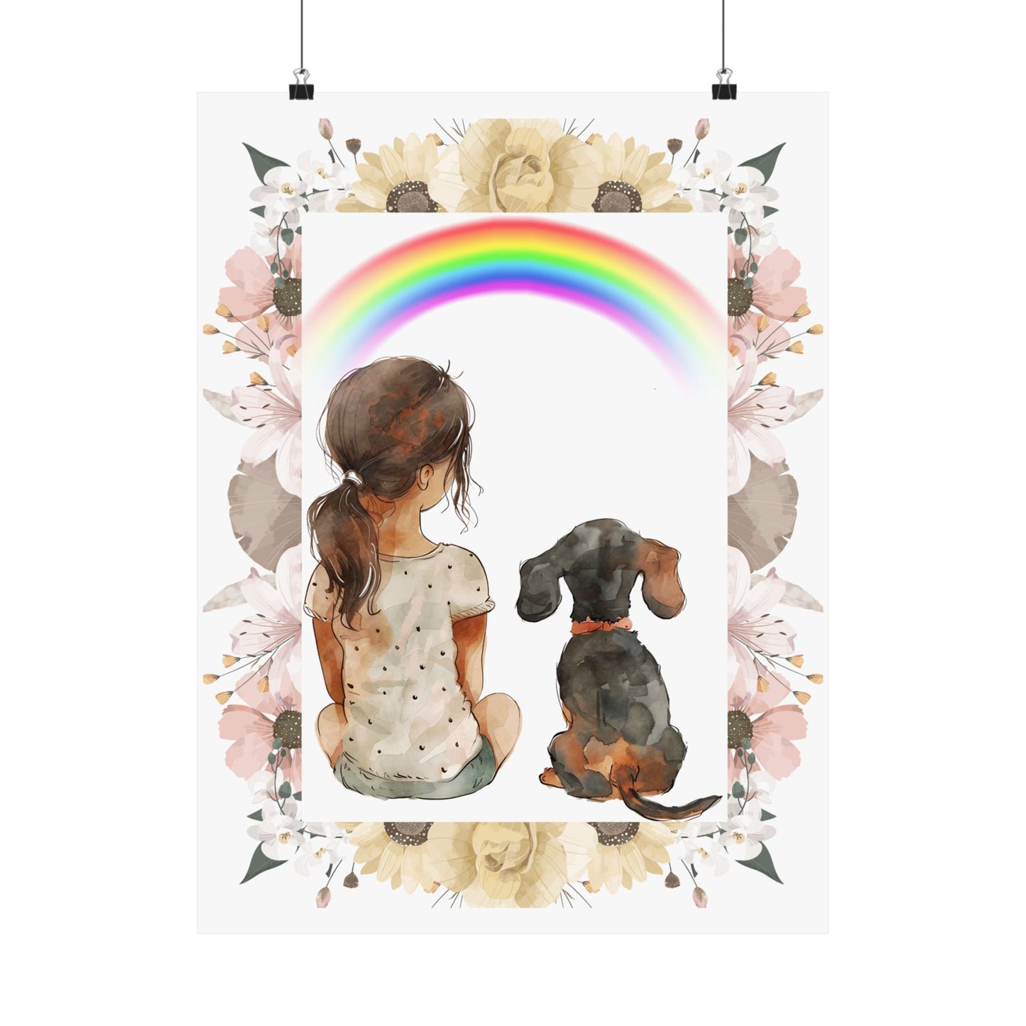 Gorgeous Vertical Poster Watercolor Girl Dachshund Staring at a Rainbow Wall Art