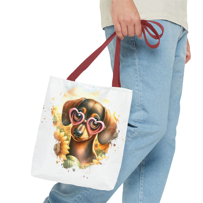 Adorable Red Dachshund Puppy Tote Bag Bright and Cheerful Weiner Sunflowers