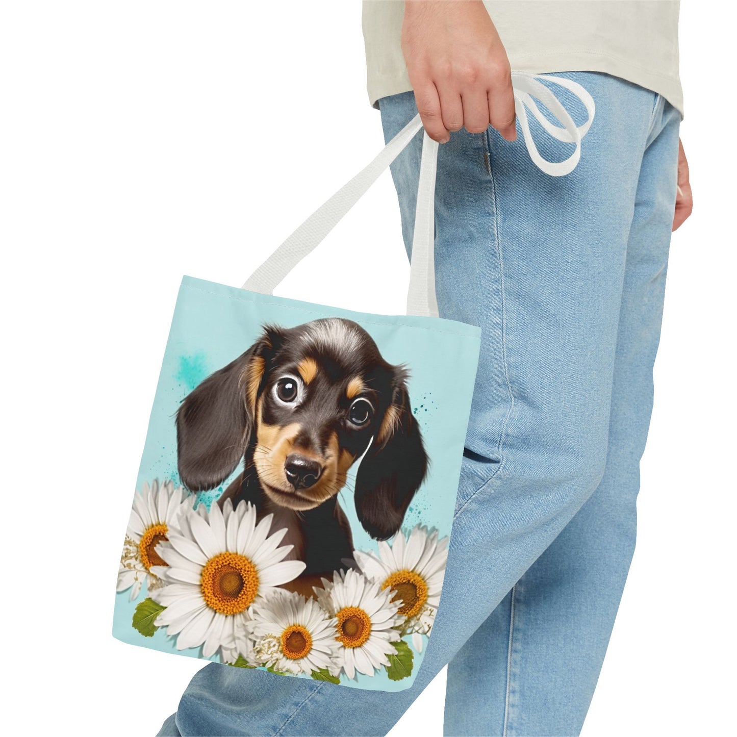Adorable Black and Tan Dachshund Puppy Tote Bag Bright and Cheerful Weiner