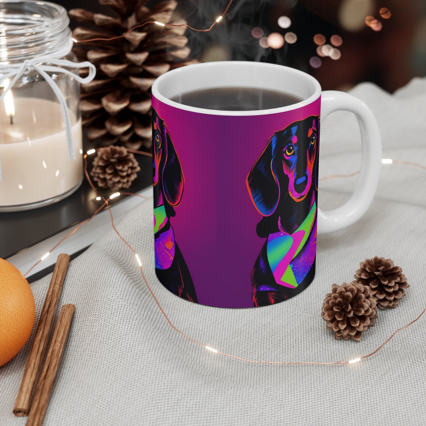 Neon Colorful Dachshund Mug, Cute Dog Lover Gift, Fun Coffee Cup Weiner Dog