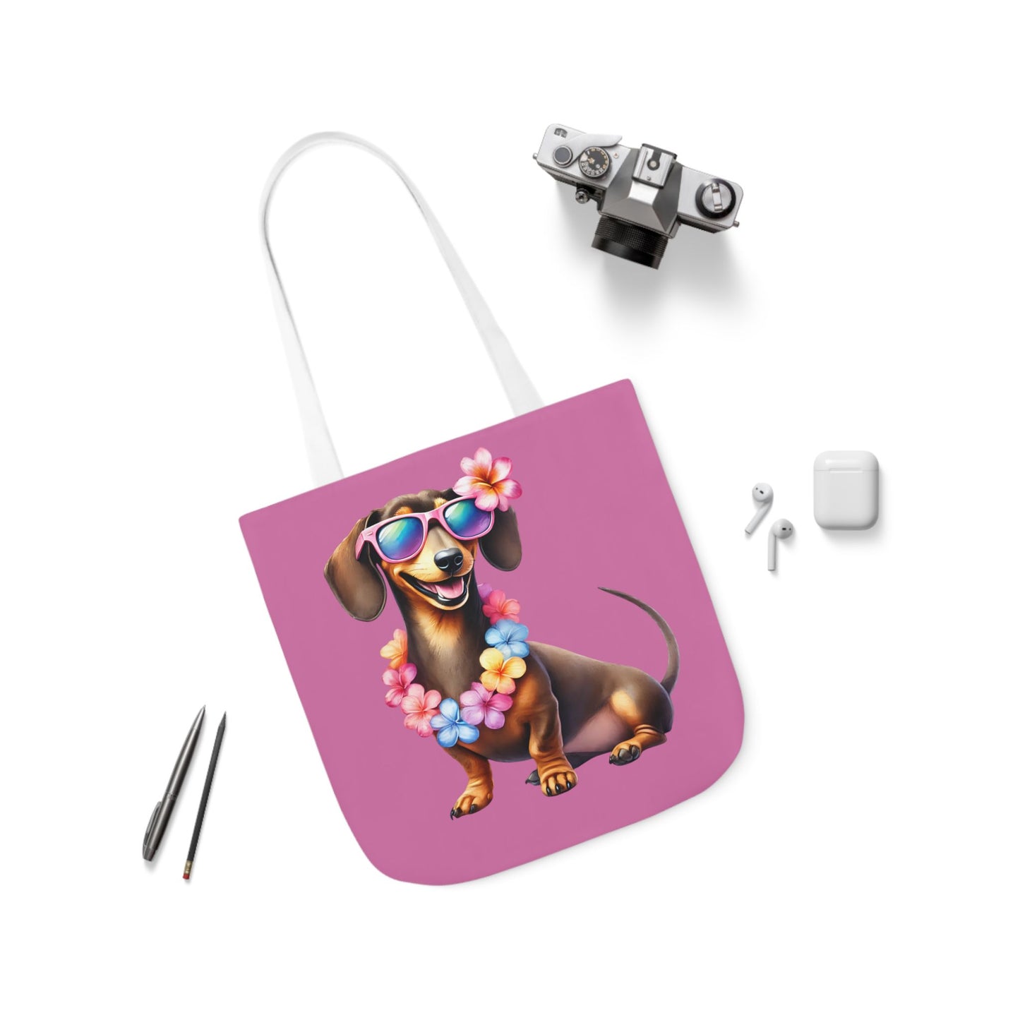 Dog Lover's Canvas Tote Bag - Fun Dachshund Design, Beach, Travel Pet Hawaii Lei