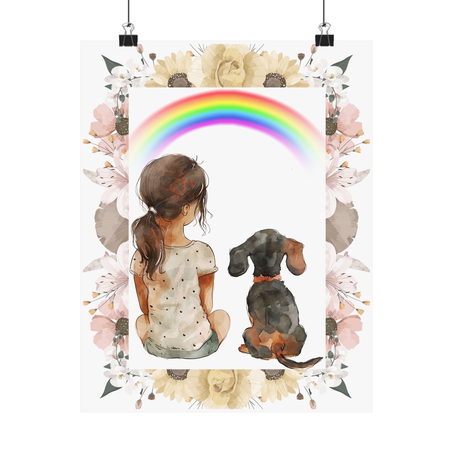 Gorgeous Vertical Poster Watercolor Girl Dachshund Staring at a Rainbow Wall Art
