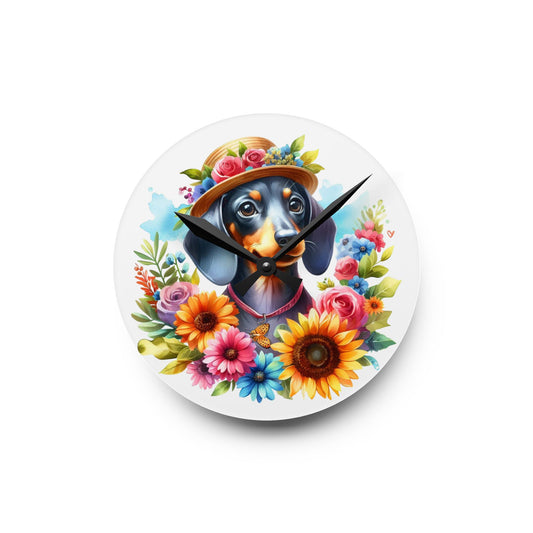 Floral Dachshund Clock Acrylic Wall Art Colorful Pet Home Decor Bedroom Pet