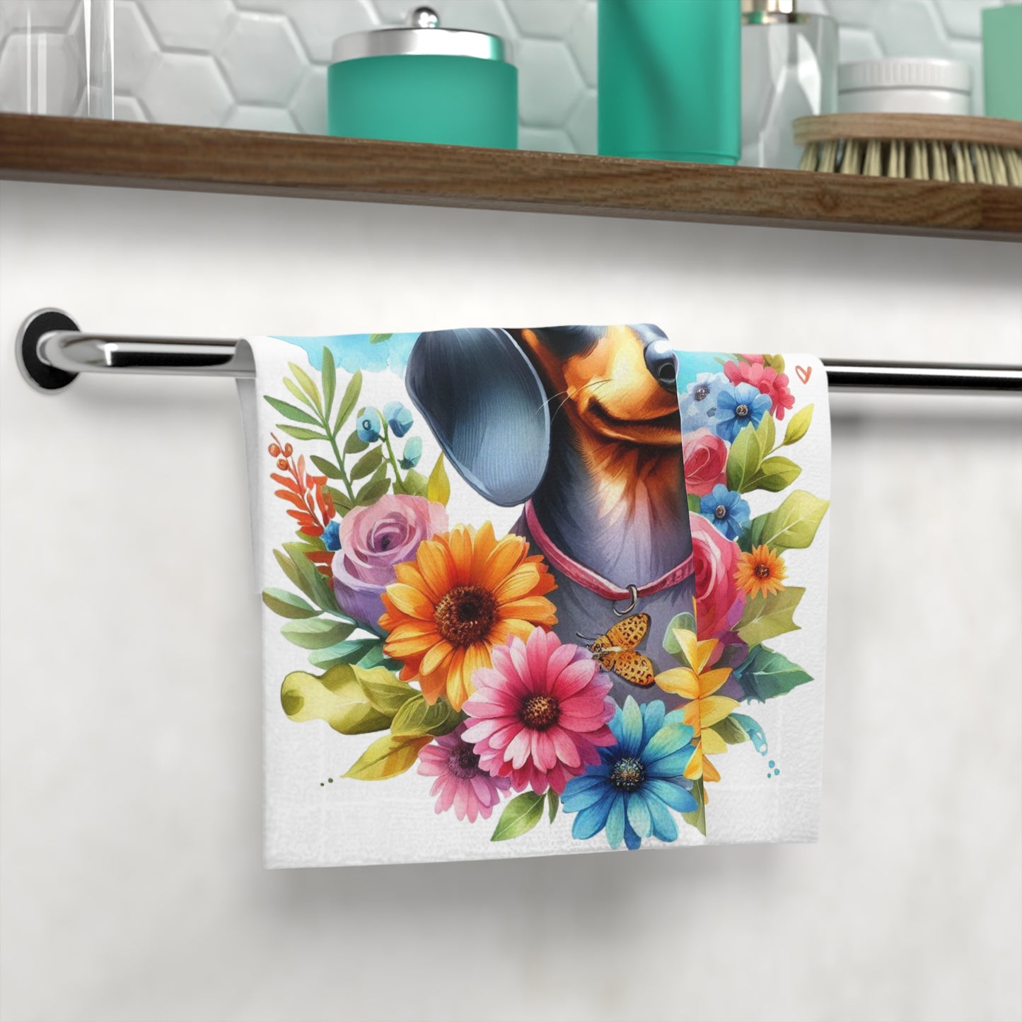 Floral Dachshund Face Towel, Dog Lover Gift, Pet Accessory, Bathroom Décor,
