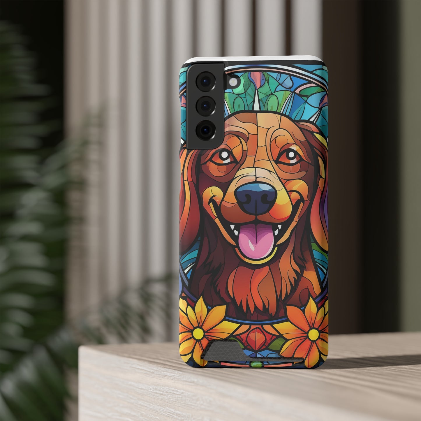 Stained Glass Dachshund Phone Case, Trendy Wallet Case for Dog Lovers, Cute Card Holder Cover