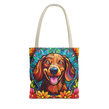 Stained Glass Red Dachshund Puppy Tote Bag Bright and Cheerful Weiner