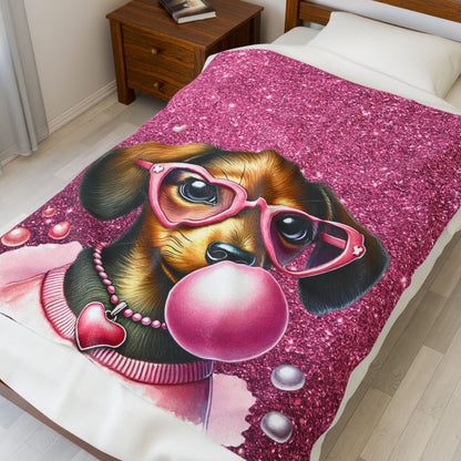 Velveteen Plush Blanket, Pink Glittery Dachshund Puppy Blanket, Teen Kids Room