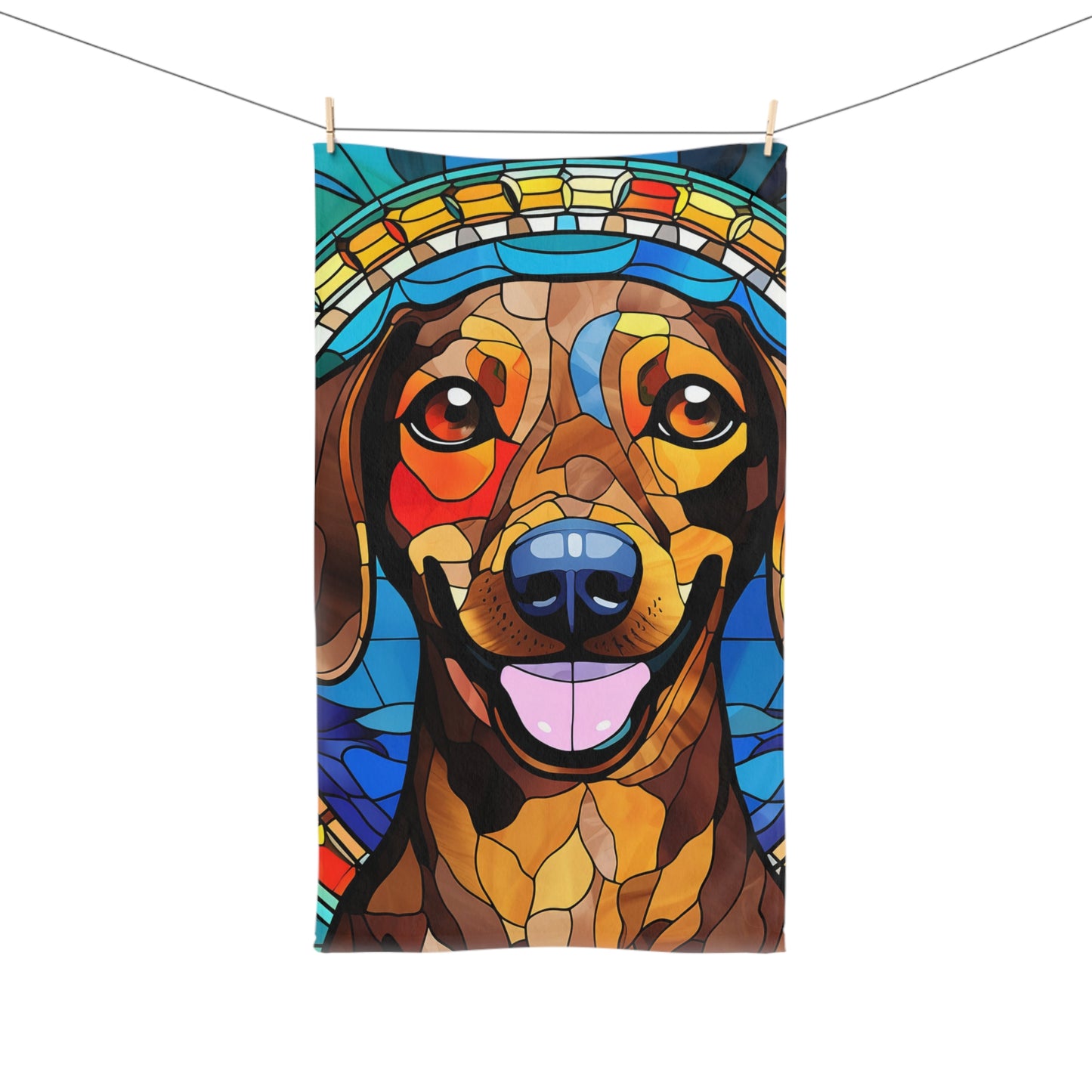 Stained Glass Dachshund Hand Towel, Cute Pet Bathroom Decor, Weiner Dog Tea Towel, Animal Lover Gift