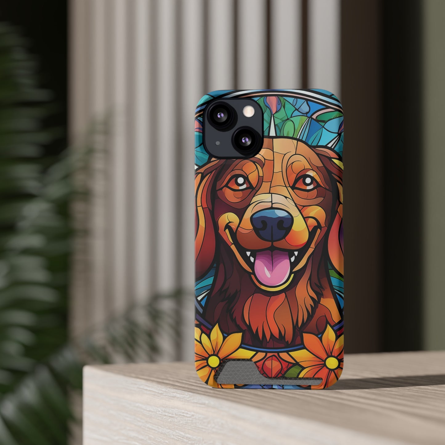 Stained Glass Dachshund Phone Case, Trendy Wallet Case for Dog Lovers, Cute Card Holder Cover