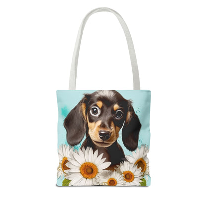 Adorable Black and Tan Dachshund Puppy Tote Bag Bright and Cheerful Weiner