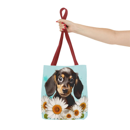 Adorable Black and Tan Dachshund Puppy Tote Bag Bright and Cheerful Weiner