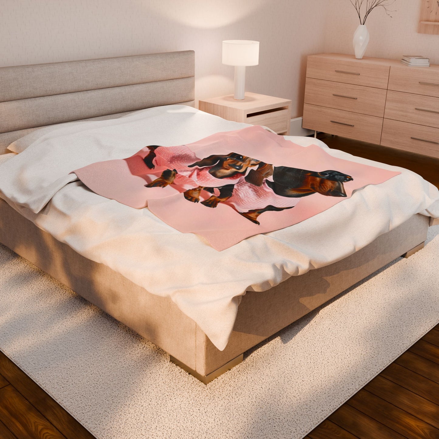 Fancy Pink Springtime Dachshund Blanket, Cozy Throw, Dog Lover Gift, Animal Print Bedding, Weiner Dog Coquette