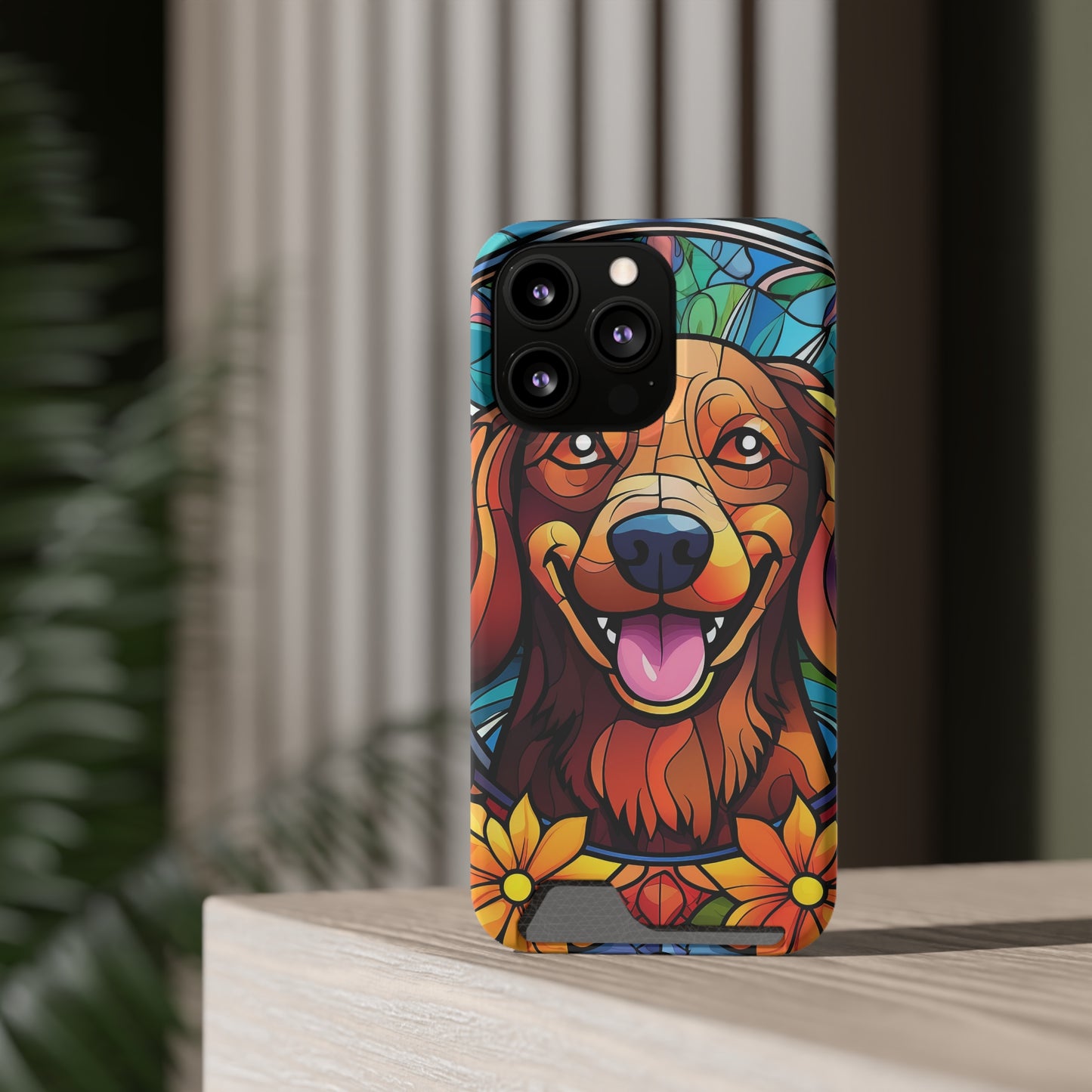 Stained Glass Dachshund Phone Case, Trendy Wallet Case for Dog Lovers, Cute Card Holder Cover