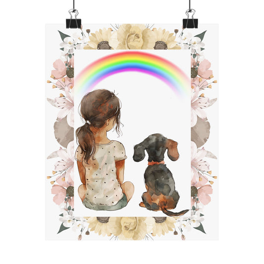 Gorgeous Vertical Poster Watercolor Girl Dachshund Staring at a Rainbow Wall Art