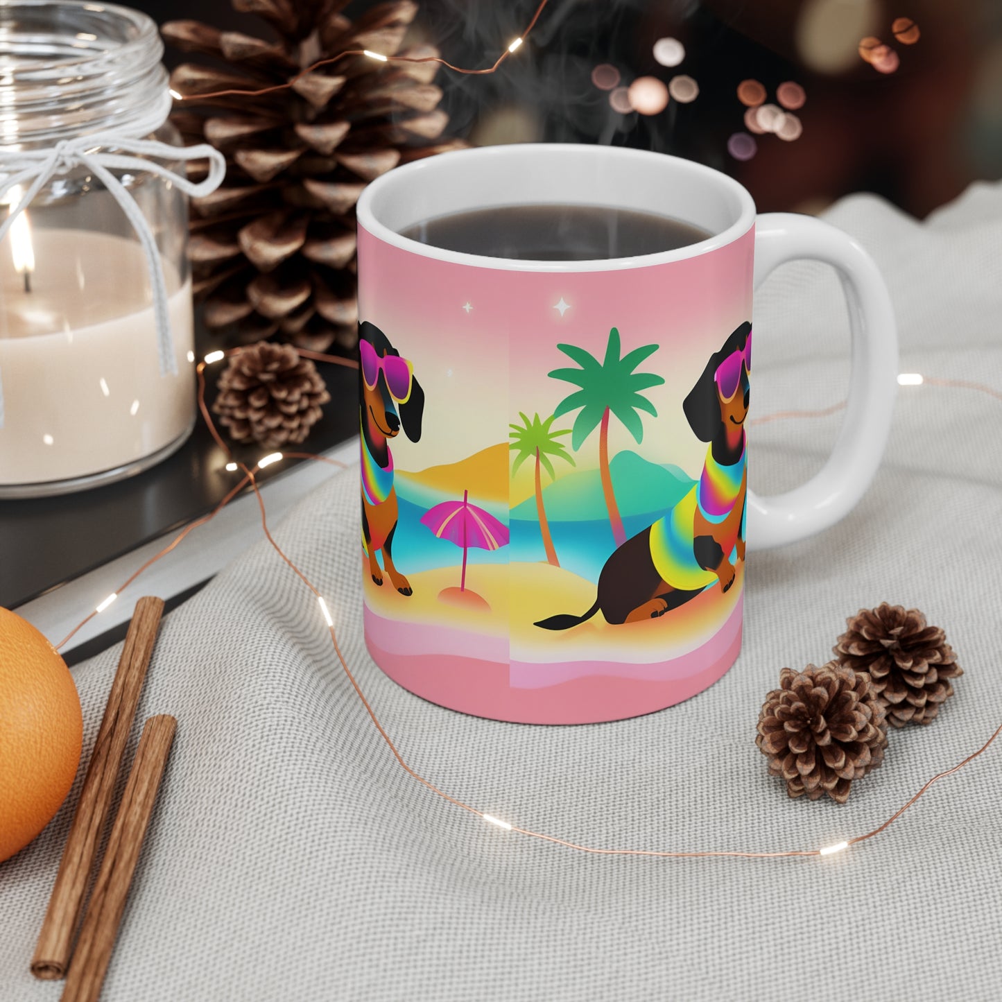 Neon Summer Dachshund Mug, Cute Dog Lover Gift, Fun Coffee Cup Weiner Dog