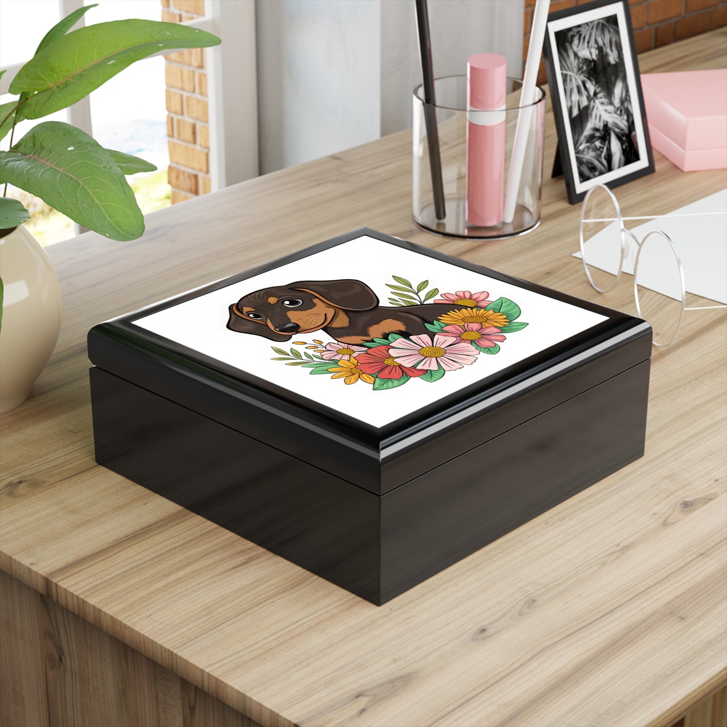 Large Wooden Floral Dachshund Jewelry Box - Pet Lover Gift Mothers Day