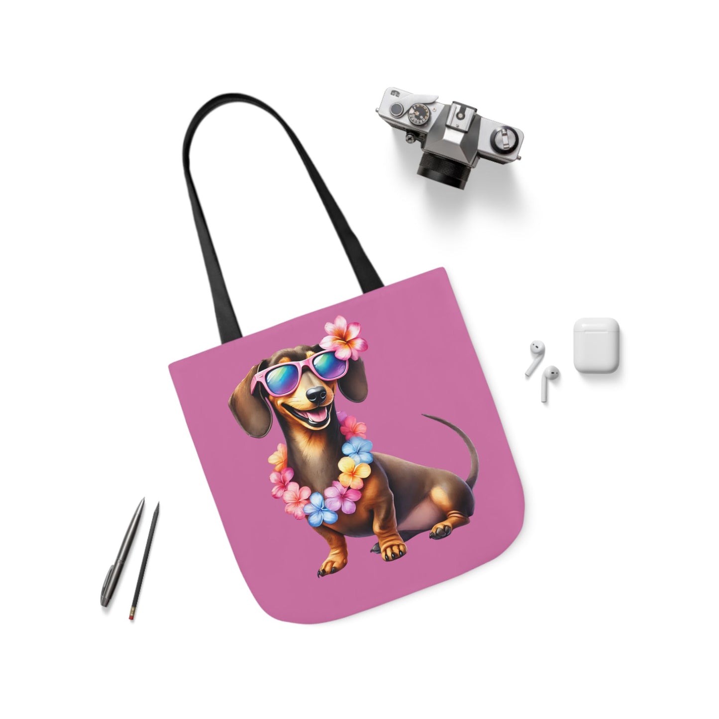 Dog Lover's Canvas Tote Bag - Fun Dachshund Design, Beach, Travel Pet Hawaii Lei